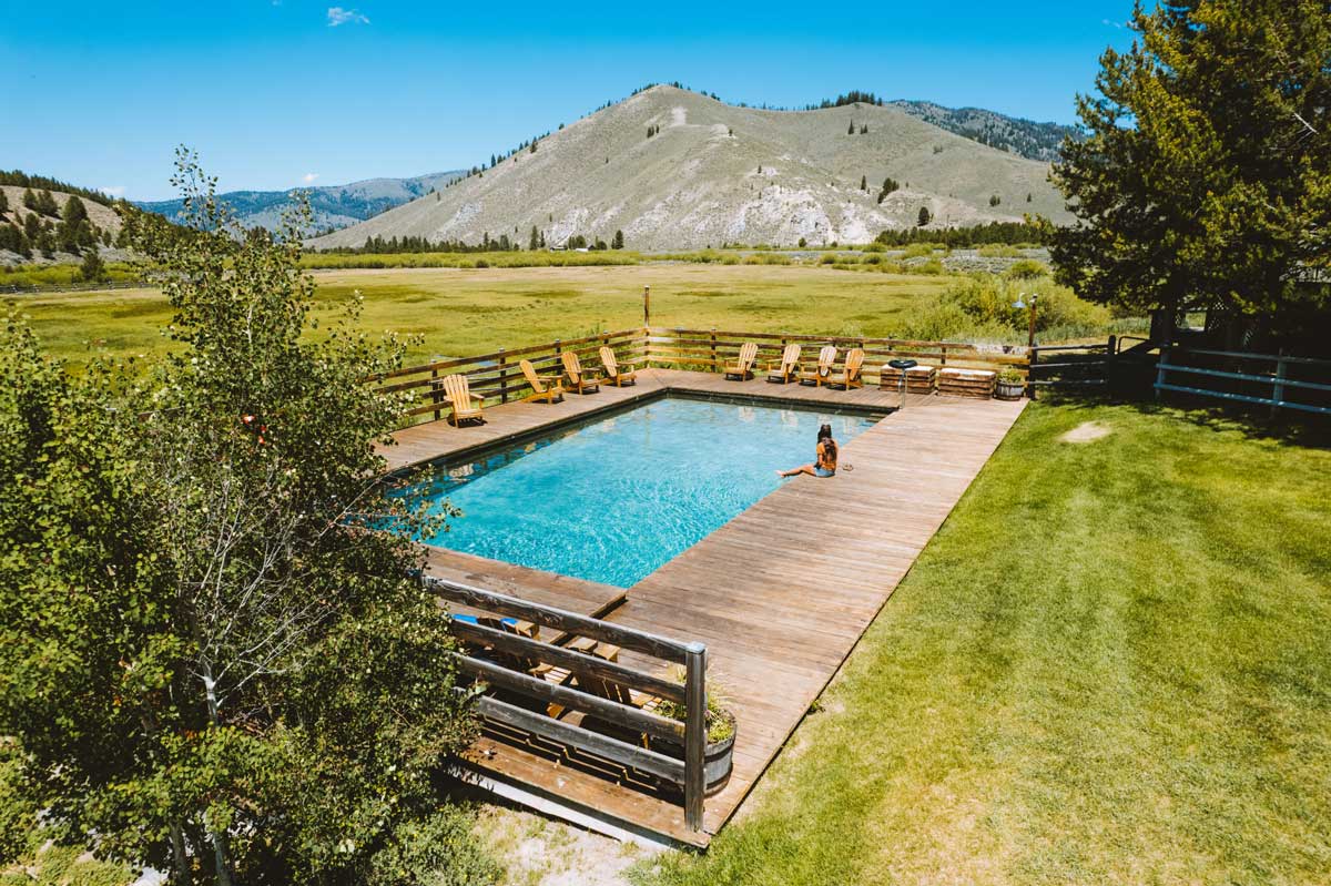 Aerial view of a hot springs pool in the Idaho Rockies.